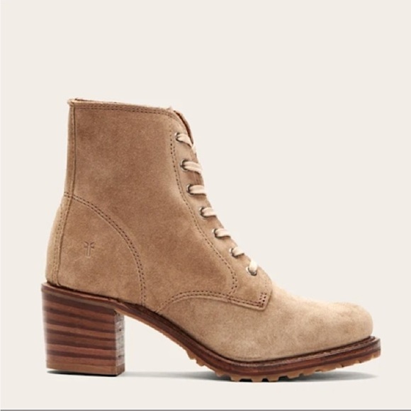 $399 Frye Sabrina 6G Lace Up Beige/Tan Suede/Leather Combat Moto Cute Ankle Boot - Picture 2 of 16